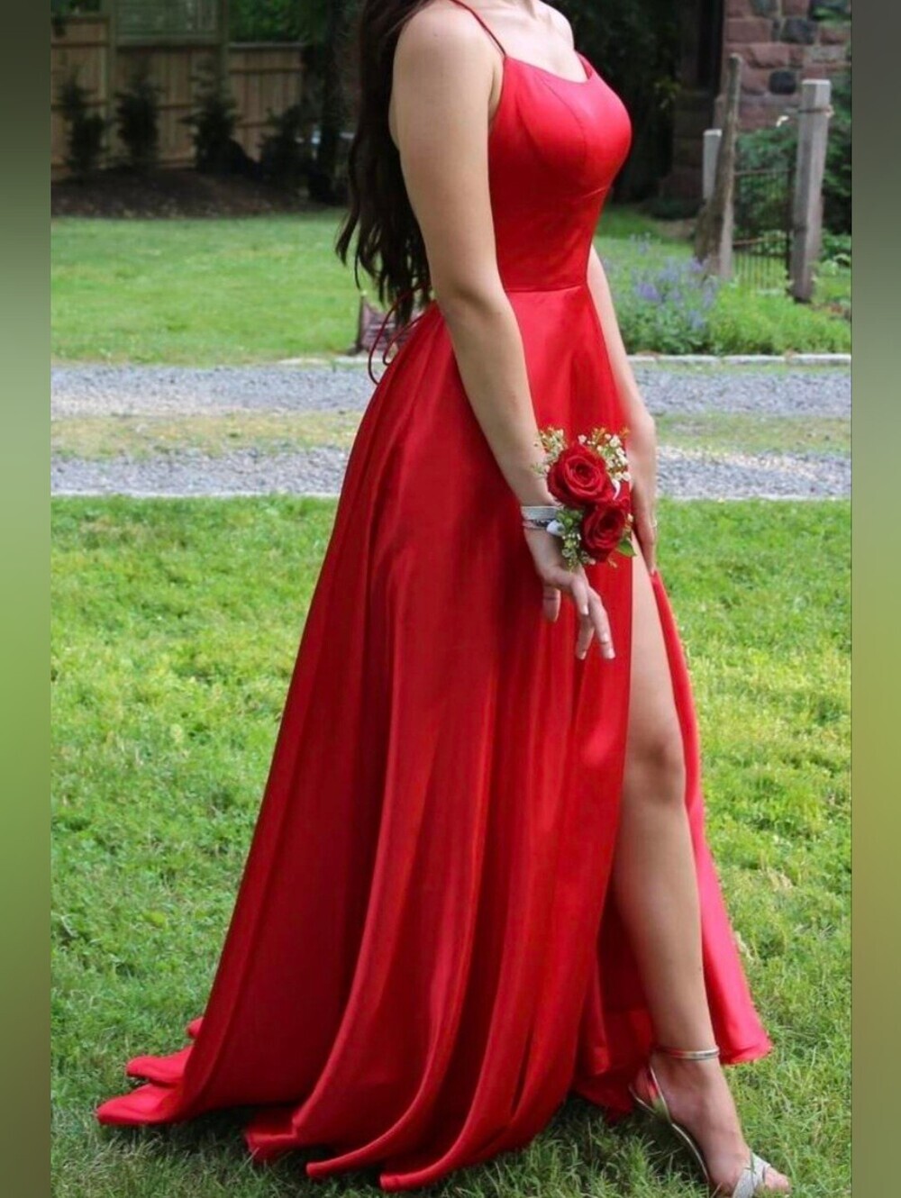 Sherri Hill Vibrant Red Satin Spaghetti-Strap Evening Gown with Thigh Slit